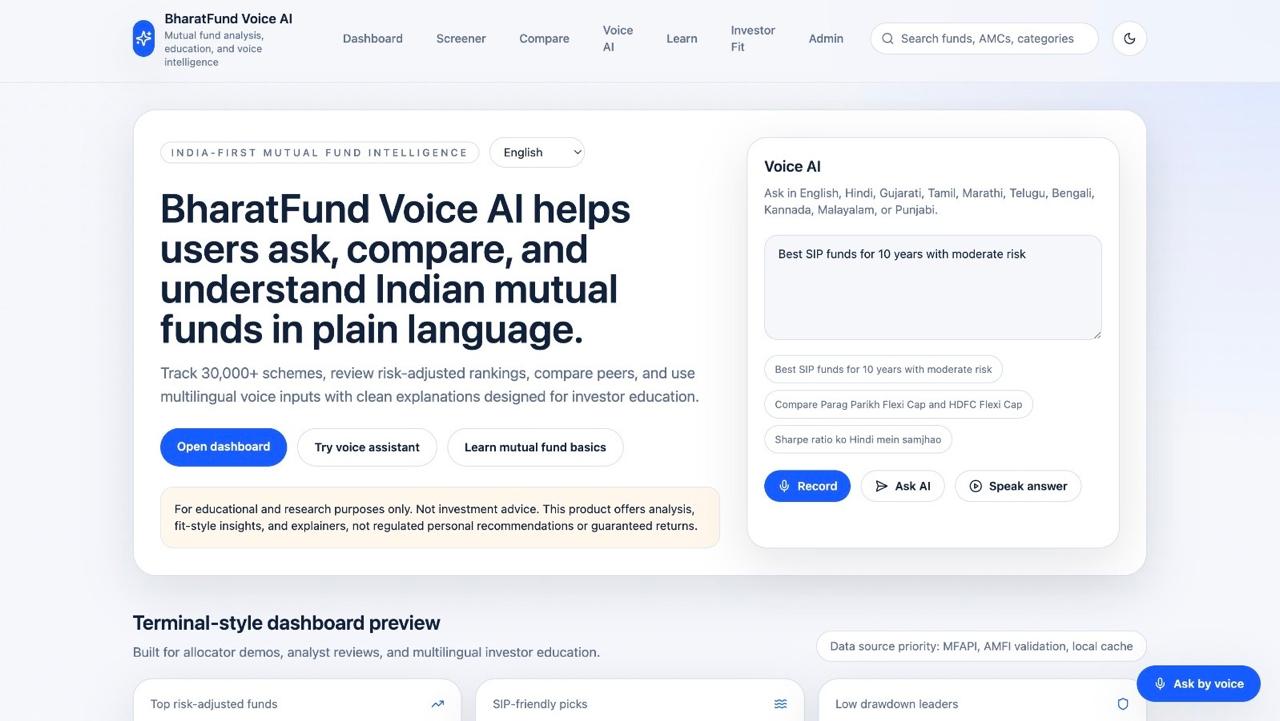 Multilingual mutual fund intelligence platform interface